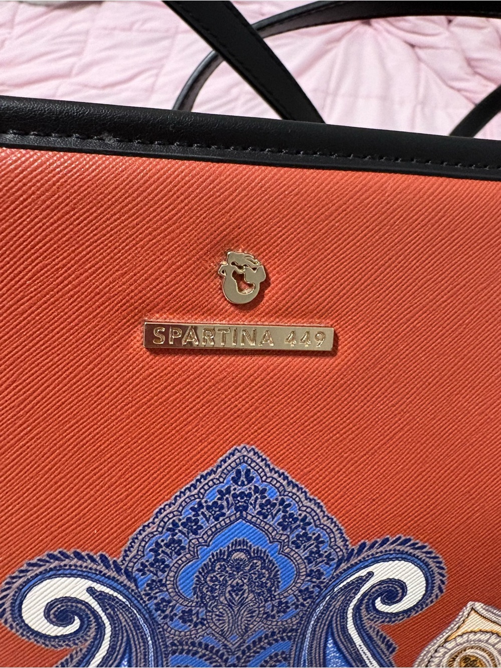 Paisley Print Tote Bag with Black Straps - Spartina 449 - Rust & Blue - Picture 4 of 5